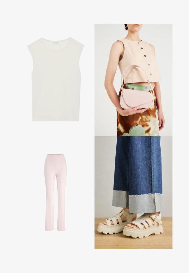 Fehér ujjatlan felső, kerek nyakkivágással. Simább anyagból készült, laza fazonnal és minimalista kialakítással rendelkezik. Nincsenek minták vagy díszítések.; Pale pink, lágy, rugalmas anyagból készült, bokánál szélesedő nadrág, magas derékkal és látható minták vagy fém részek nélkül.; Beige platform szandál vastag talppal, pántos kialakítással és állítható bokapánttal. Széles szárú farmernadrággal viselve, az egyik szár vége rojtos.; Rózsaszín bőr kézitáska ívelt fedéllel, egyetlen vállpánttal és letisztult vonalakkal. A táska sima textúrával és minimalista dizájnnal rendelkezik.