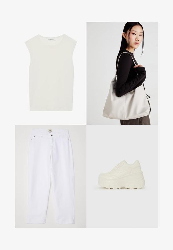 Bijela majica bez rukava s okruglim izrezom. Izrađena je od glatkog materijala, nudi opušteni kroj i minimalistički dizajn. Bez uzoraka ili ukrasa.; Bijele traperice s ravnim krojem, s kopčanjem na dugme i patentni zatvarač, petljama za remen i dva prednja džepa s metalnim detaljima.; Bijele platformske tenisice s glatkim gornjim dijelom koji nalikuje koži, zaobljenim oblikom, podstavljenim okvirom i teksturiranim gumeni potplat s definiranom profilacijom.; Bežna torba od mekog materijala s opuštenim dizajnom, šivanim detaljima i dva remena za rame. Pogodna za svakodnevnu upotrebu.