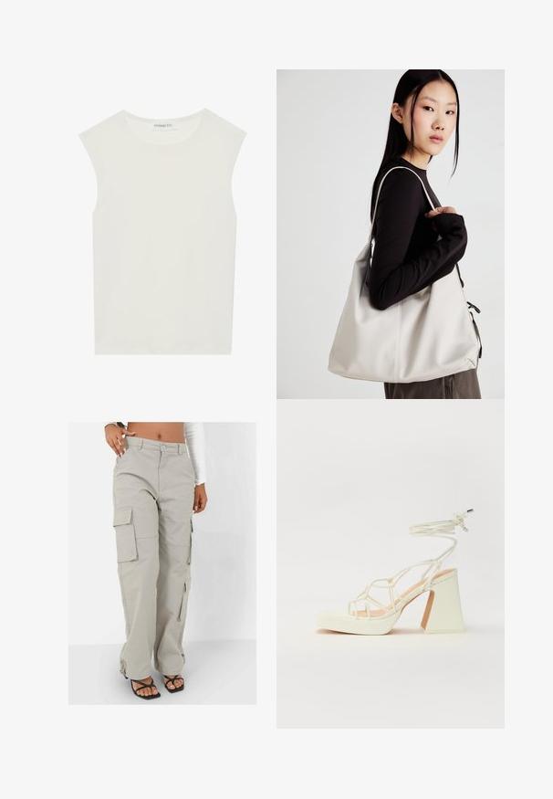 Hvid ærmeløs top med rund halsudskæring. Lavet af glat stof, har den en afslappet pasform og minimalistisk design. Ingen mønstre eller accenter.; Bukser i let beige farve, lavet af et slidstærkt materiale. Har brede ben, flere sidelommer og en afslappet pasform med hardware detaljer.; Hvide højhælede sandaler med en kraftig hæl, der har et stropdesign og ankelbinding. Glat tekstur med en platform foran for ekstra højde.; Beige håndtaske lavet af blødt materiale med et slouchy design, stikninger og to skulderremme. Velegnet til daglig brug.