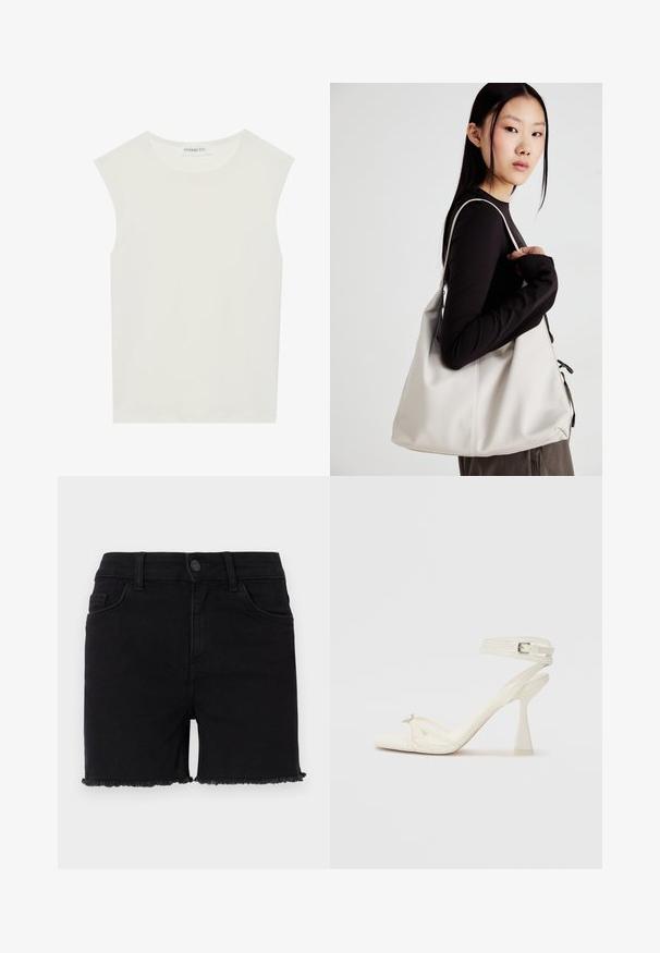 Hvit ermeløs topp med rund hals. Laget av glatt stoff, har den en avslappet passform og minimalistisk design. Ingen mønstre eller detaljer.; Svart denimshorts med tettsittende midje, tattered kant og klassisk fem-lomme design. Stoffet er glatt med litt stretch.; Høyhælte sandaler med stropp i hvitt lær, med et stilrent design, gjennomsiktig blokkhæl og et dekorativt element ved tåen.; Beige håndveske laget av mykt materiale, med en slapp design, sydd detaljer og to skulderstropper. Passer for daglig bruk.
