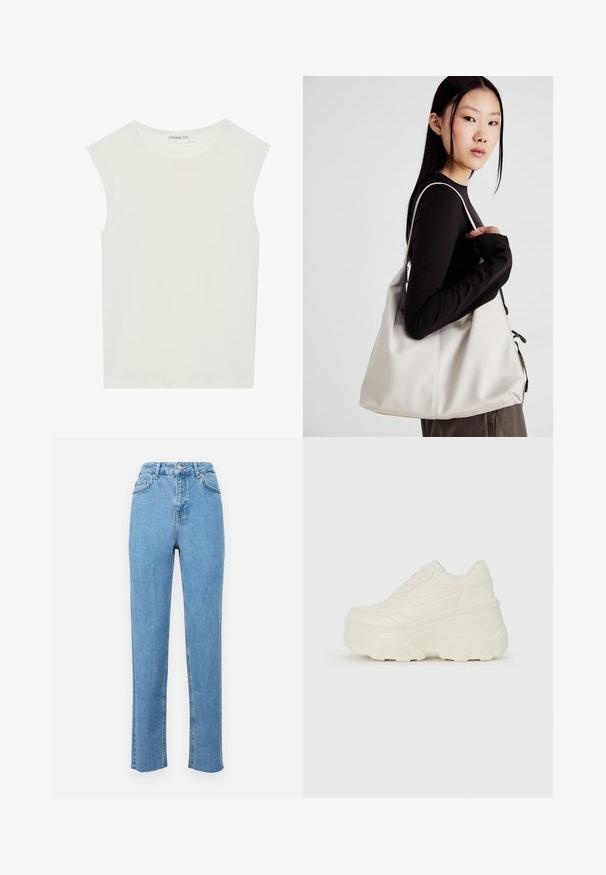 Bela brezrokavnica s okroglim izrezom. Narejena iz gladkega materiala, ima sproščen kroj in minimalističen dizajn. Brez vzorcev ali okrasnih elementov.; Svijetloplave traper hlače visokog struka, ravnog kroja, sa prednjim džepovima i neuređenim rubom na gležnjevima.; Bele platformske tene z belim zgornjim delom, ki spominja na usnje, okroglo obliko, oblazinjen ovratnik ter gumo z teksturo na podplatu z izrazitimi profili.; Bežna torbica iz mehkega materiala, z ohlapno zasnovo, šivi in dvema naramnicama. Primerna za vsakodnevno uporabo.