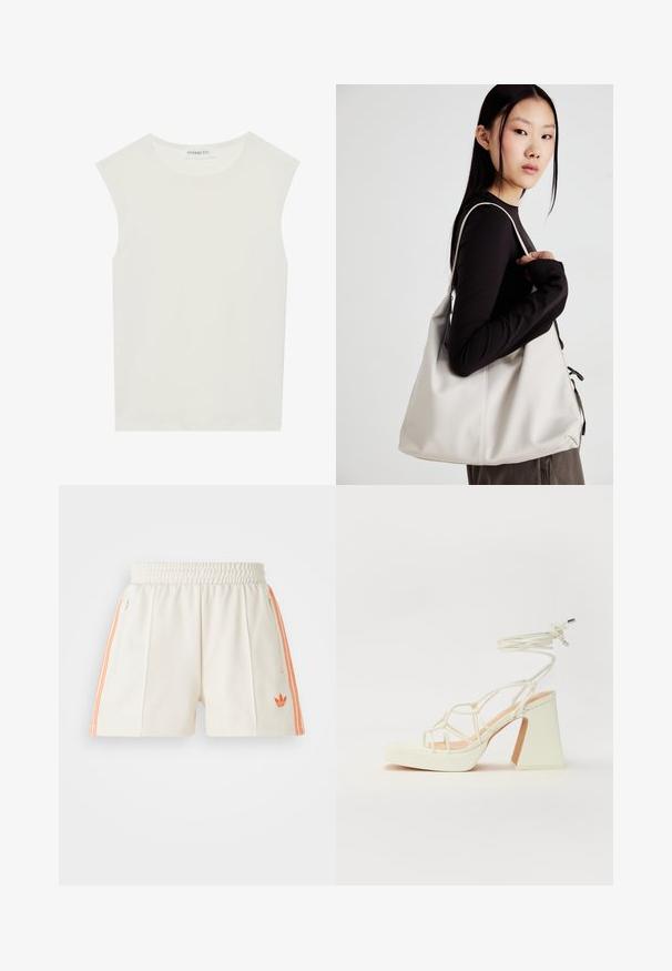 Bela brezrokavnica s okroglim izrezom. Narejena iz gladkega materiala, ima sproščen kroj in minimalističen dizajn. Brez vzorcev ali okrasnih elementov.; Bele atletske kratke hlače z elastičnim pasom, ki imajo oranžne stranske črte in vezeno logotip na levem robu. Gladka tekstura tkanine.; Bela sandala na visokih petah s debelim petam, ki ima obliko trakcev in vezanje okoli gležnja. Gladka tekstura z platformo spredaj za dodatno višino.; Bežna torbica iz mehkega materiala, z ohlapno zasnovo, šivi in dvema naramnicama. Primerna za vsakodnevno uporabo.