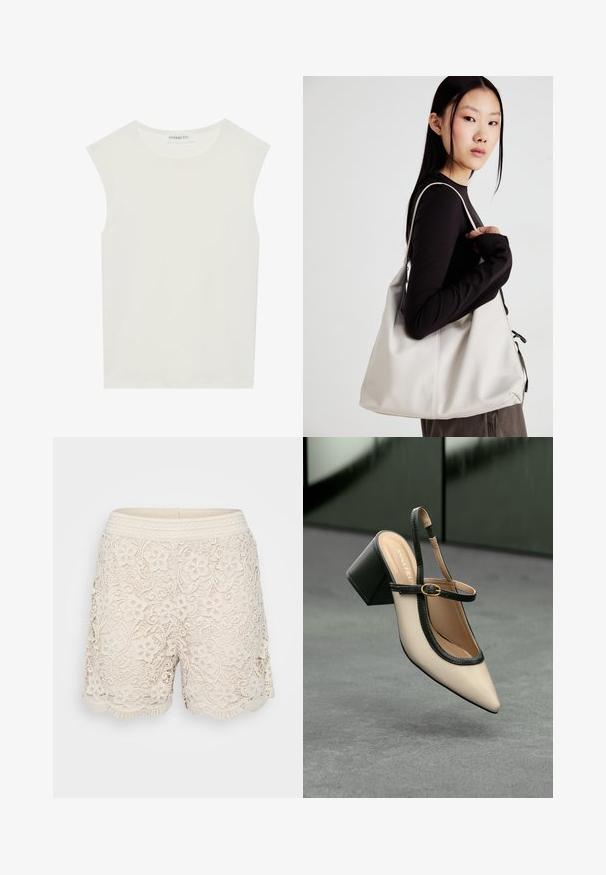 Top blanco sin mangas con escote redondo. Hecho de una tela suave, presenta un corte relajado y un diseño minimalista. Sin patrones ni acentos.; Pantalones cortos de encaje en beige claro con patrones florales, dobladillo en forma de concha y una cinturilla texturizada, que presentan un detallado intrincado en toda su superficie.; Zapato slingback de punta beige con ribete negro, hebilla dorada y un tacón cuadrado grueso sobre un suelo gris con fondo verde oscuro.; Bolso de mano beige hecho de material suave, con un diseño holgado, detalles cosidos y dos asas. Adecuado para uso diario.