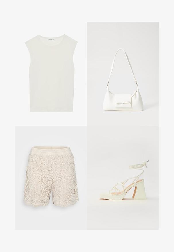 Fehér ujjatlan felső, kerek nyakkivágással. Simább anyagból készült, laza fazonnal és minimalista kialakítással rendelkezik. Nincsenek minták vagy díszítések.; Csipkebetétes rövidnadrág világos bézs színben, virágmintákkal, fodros széllel és textúrált szövött derékrésszel, bonyolult részletekkel az egész ruhadarabon.; Fehér, magassarkú szandál vastag sarokkal, pántos dizájnnal és bokapánttal. Sima textúra, elülső platformmal a megnövelt magasság érdekében.; Fehér szintetikus kézitáska, háromszög alakú, lapos előlap, masni részlettel, állítható pánttal, sima textúrával és minimalista dizájnnal.