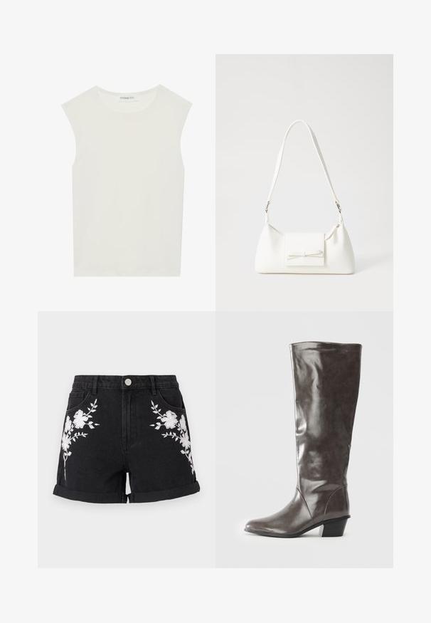 Top branco sem mangas com decote redondo. Feito de um tecido liso, apresenta um corte descontraído e um design minimalista. Sem padrões ou detalhes.; Calções de ganga pretos com bainhas viradas para cima, apresentando bordados florais brancos de ambos os lados e um design de cinco bolsos com fecho em botão prateado.; Bota alta de mulher em couro cinza escuro, com salto médio e bico arredondado, apresentada de lado sobre um fundo branco.; Mala sintética branca com formato triangular, aba frontal plana e detalhe de laço, alça ajustável, textura suave e design minimalista.