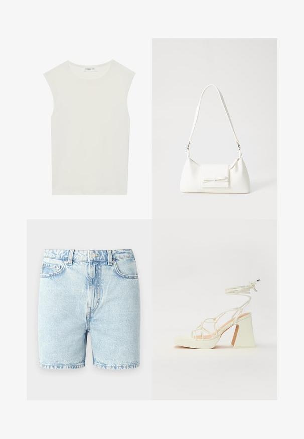 Haut sans manches blanc avec un col rond. Fabriqué en tissu lisse, il présente une coupe décontractée et un design minimaliste. Pas de motifs ni d'accents.; Shorts en denim bleu clair avec une coupe classique, dotés d'un design à cinq poches, de coutures cousues et d'une fermeture à bouton.; Sandale blanche à talons hauts avec un talon épais, présentant un design à lanières et un lien autour de la cheville. Texture lisse avec une plateforme à l'avant pour une hauteur supplémentaire.; Sac à main synthétique blanc en forme triangulaire, avec un rabat avant plat et un détail en nœud, une bandoulière ajustable, une texture lisse et un design minimaliste.