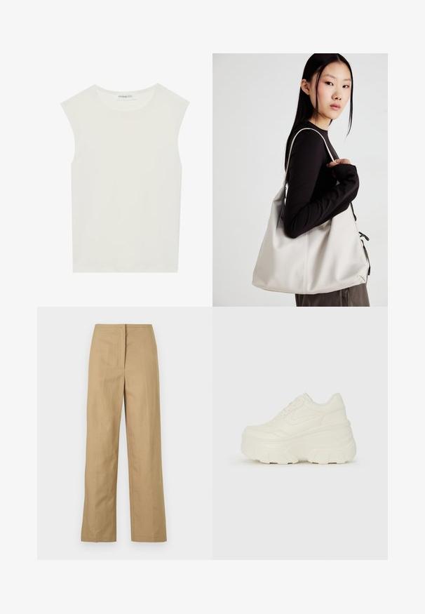 Bela brezrokavnica s okroglim izrezom. Narejena iz gladkega materiala, ima sproščen kroj in minimalističen dizajn. Brez vzorcev ali okrasnih elementov.; Bež hlače ravnega kroja s flat sprednjim delom, stranskimi žepi in gladkim, lahkotnim materialom. Brez vidnih vzorcev ali kovinskih detajlov.; Bele platformske tene z belim zgornjim delom, ki spominja na usnje, okroglo obliko, oblazinjen ovratnik ter gumo z teksturo na podplatu z izrazitimi profili.; Bežna torbica iz mehkega materiala, z ohlapno zasnovo, šivi in dvema naramnicama. Primerna za vsakodnevno uporabo.