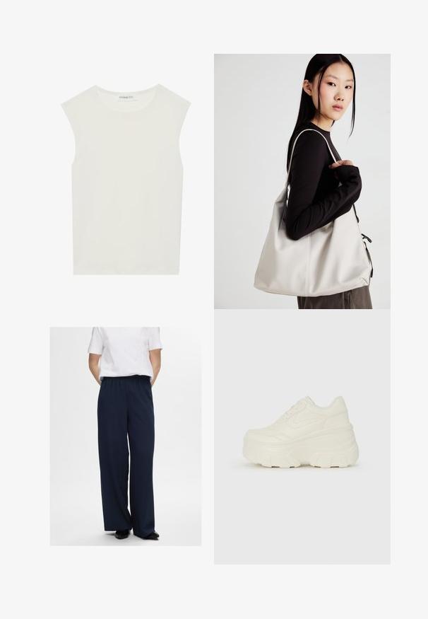 Witte mouwloze top met een ronde halslijn. Gemaakt van gladde stof, het heeft een losse pasvorm en een minimalistisch ontwerp. Geen patronen of accenten.; Selected Femme SLFTINNI RELAXED WIDE PANT - Broek - dark sapphire; Witte platform sneakers met een gladde leren bovenkant, afgeronde vorm, gewatteerde kraag en een gestructureerde rubberen zool met duidelijke profiel.; Beige handtas gemaakt van zacht materiaal, met een slonzig ontwerp, gestikte details en twee schouderbanden. Geschikt voor dagelijks gebruik.