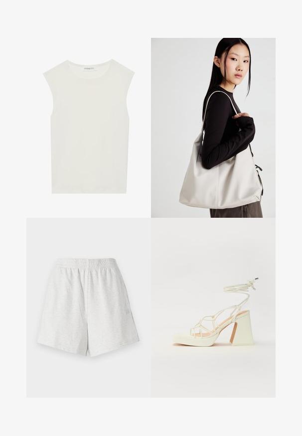 Top alb fără mâneci, cu decolteu rotund. Fabricat dintr-un material neted, prezintă o croială lejeră și un design minimalist. Fără modele sau accente.; Șorturi din bumbac gri, cu un waistband elastic, cusături laterale și fără buzunare vizibile. Textură moale, cu un design simplu și fără modele.; Sandale albe cu toc înalt și gros, cu un design cu curele și legătură la gleznă. Textură netedă, cu o platformă frontală pentru înălțime suplimentară.; Geantă bej din material moale, cu un design lejer, detalii cusute și două bretele pentru umăr. Potrivită pentru utilizarea zilnică.