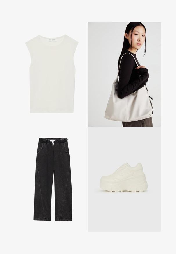 Balts bez piedurknēm tops ar apaļu kakla izgriezumu. Izgatavots no gludas auduma, tam ir brīvs piegriezums un minimālistisks dizains. Nav nekādas rakstainības vai akcentu.; Melnas, platās bikses, izgatavotas no teksturētas auduma. Tām ir elastīga josta ar baltu auklu un priekšējās kabatas ar diagonālām šuvēm.; Baltie platformas sporta apavi, kas izgatavoti no gludas mākslīgās ādas, ar noapaļotu formu, mīkstu apkakli un teksturētu gumijas zoli ar izteiktiem rakstiem.; Bežs rokassoma, izgatavota no mīksta materiāla, ar brīvu dizainu, izšūtu apdari un divām plecu siksnām. Piemērota ikdienas lietošanai.