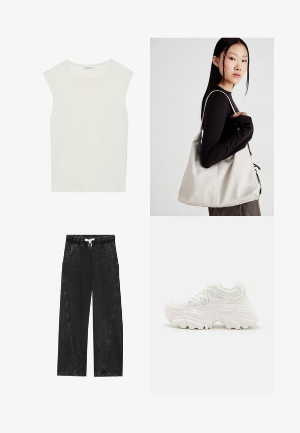 Balts bez piedurknēm tops ar apaļu kakla izgriezumu. Izgatavots no gludas auduma, tam ir brīvs piegriezums un minimālistisks dizains. Nav nekādas rakstainības vai akcentu.; Melnas, platās bikses, izgatavotas no teksturētas auduma. Tām ir elastīga josta ar baltu auklu un priekšējās kabatas ar diagonālām šuvēm.; Baltas masīvkājas sporta apavi ar strukturētu virsu, sieta paneļiem un biezu gumijas zoli ar izteiktu protektora rakstu. Iekļautas auklas un cilpa uzvilkšanai.; Bežs rokassoma, izgatavota no mīksta materiāla, ar brīvu dizainu, izšūtu apdari un divām plecu siksnām. Piemērota ikdienas lietošanai.