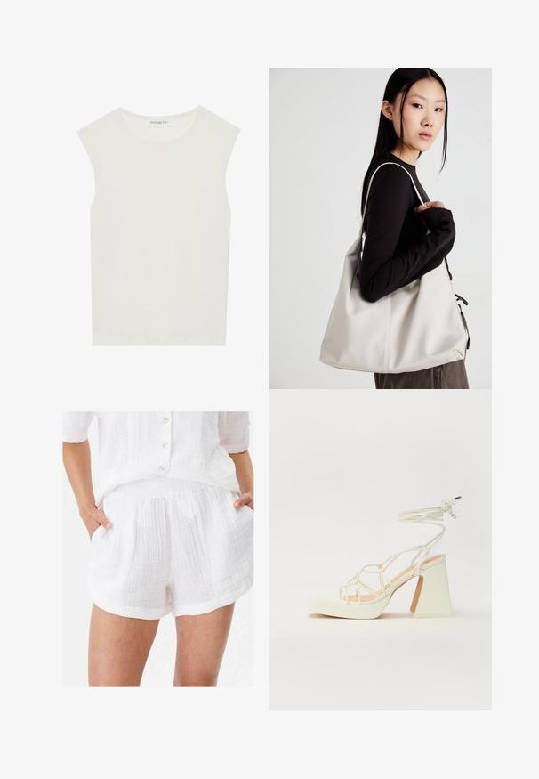 Top blanco sin mangas con escote redondo. Hecho de una tela suave, presenta un corte relajado y un diseño minimalista. Sin patrones ni acentos.; Pantalones cortos elásticos blancos y texturizados con una cinturilla elástica y bolsillos laterales, que presentan un corte relajado y dobladillos ligeramente enrollados.; Sandalia de tacón alto blanca con un tacón grueso, que presenta un diseño de tiras y un lazo en el tobillo. Textura suave con una plataforma en la parte delantera para mayor altura.; Bolso de mano beige hecho de material suave, con un diseño holgado, detalles cosidos y dos asas. Adecuado para uso diario.