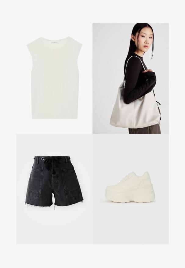 Bela brezrokavnica s okroglim izrezom. Narejena iz gladkega materiala, ima sproščen kroj in minimalističen dizajn. Brez vzorcev ali okrasnih elementov.; Črne denim kratke hlače s strganim robom, ki imajo dva velika sprednja žepa in pas z vrvico. Material ima teksturiran zaključek.; Bele platformske tene z belim zgornjim delom, ki spominja na usnje, okroglo obliko, oblazinjen ovratnik ter gumo z teksturo na podplatu z izrazitimi profili.; Bežna torbica iz mehkega materiala, z ohlapno zasnovo, šivi in dvema naramnicama. Primerna za vsakodnevno uporabo.