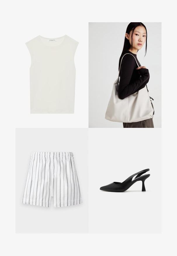 Fehér ujjatlan felső, kerek nyakkivágással. Simább anyagból készült, laza fazonnal és minimalista kialakítással rendelkezik. Nincsenek minták vagy díszítések.; Fehér rövidnadrág vékony függőleges szürke csíkokkal, elasztikus derékpánttal és kényelmes szabással. Könnyű anyagból készült a légáteresztőség érdekében.; Fekete pántos magassarkúk hegyes orral, sima bőrből készült. Kivágott dizájn és erős, kúp alakú sarkú jellemzi.; Puha anyagból készült bézs kézitáska, laza dizájnnal, varrott részletekkel és két vállpánttal. Mindennapi használatra alkalmas.