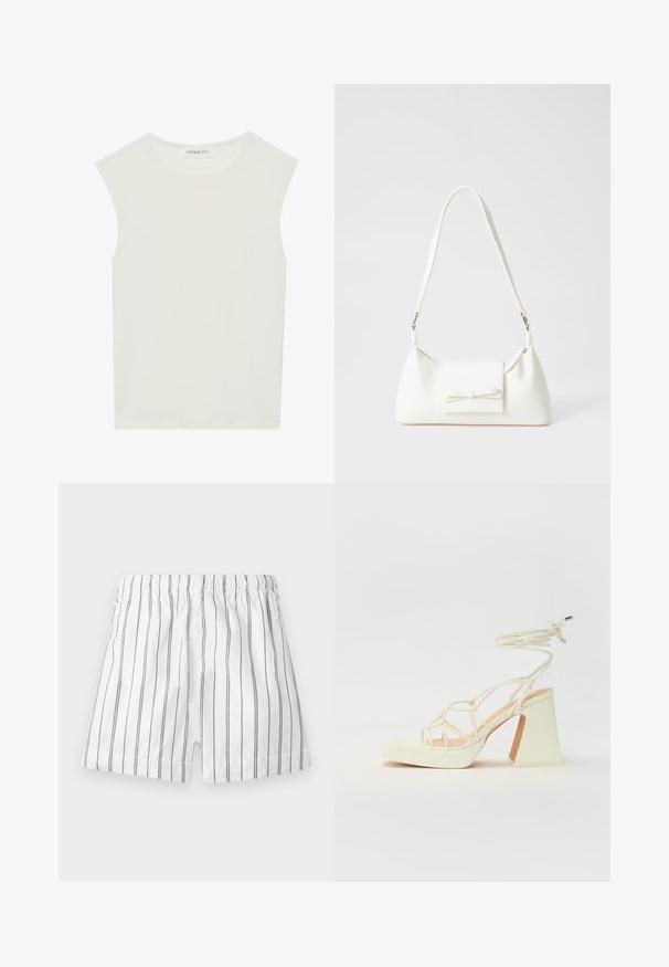 Top alb fără mâneci, cu decolteu rotund. Fabricat dintr-un material neted, prezintă o croială lejeră și un design minimalist. Fără modele sau accente.; Pantaloni scurți albi cu dungi verticale subțiri gri, talie elastică și o potrivire confortabilă. Fabricat dintr-un material ușor pentru o respirabilitate optimă.; Sandale albe cu toc înalt și gros, cu un design cu curele și legătură la gleznă. Textură netedă, cu o platformă frontală pentru înălțime suplimentară.; Geantă sintetică albă, cu formă triangulară, capac frontal plat și detaliu cu fundă, curea ajustabilă, textură netedă și design minimalist.