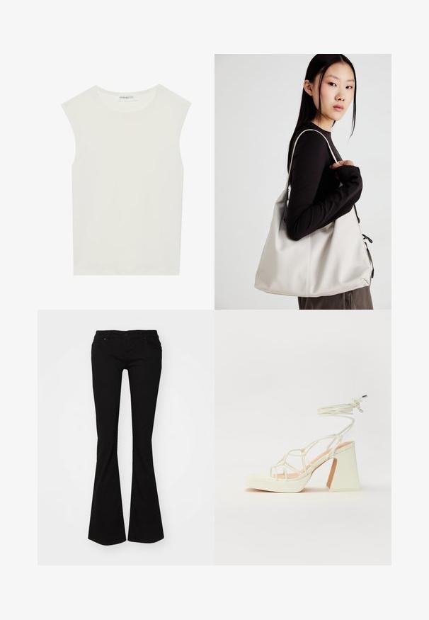 White sleeveless top with a round neckline. Made of smooth fabric, it features a relaxed fit and minimalist design. No patterns or accents.; Black flared jeans made of denim, featuring a zip fly, five pockets, and a fitted waist that extends to a flared hem at the ankles.; White high-heeled sandal with a chunky heel, featuring a strappy design and ankle tie. Smooth texture with a platform front for added height.; Beige handbag made of soft material, featuring a slouchy design, stitched detailing, and two shoulder straps. Suitable for everyday use.