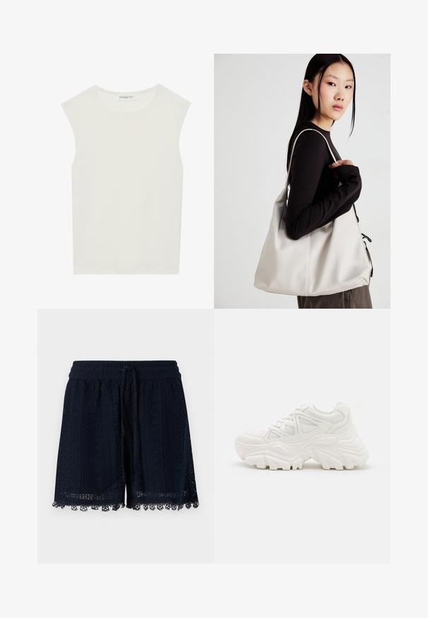 Witte mouwloze top met een ronde halslijn. Gemaakt van gladde stof, het heeft een losse pasvorm en een minimalistisch ontwerp. Geen patronen of accenten.; Navy blauwe shorts gemaakt van gehaakt materiaal met een gestructureerd patroon en kantafwerking aan de zoom. Elastische tailleband met trekkoord.; Witte chunky sneakers met een textuur bovenwerk, meshpanelen en dikke rubberen zolen met een uitgesproken profiel. Inclusief veters en een aantreklip.; Beige handtas gemaakt van zacht materiaal, met een slonzig ontwerp, gestikte details en twee schouderbanden. Geschikt voor dagelijks gebruik.