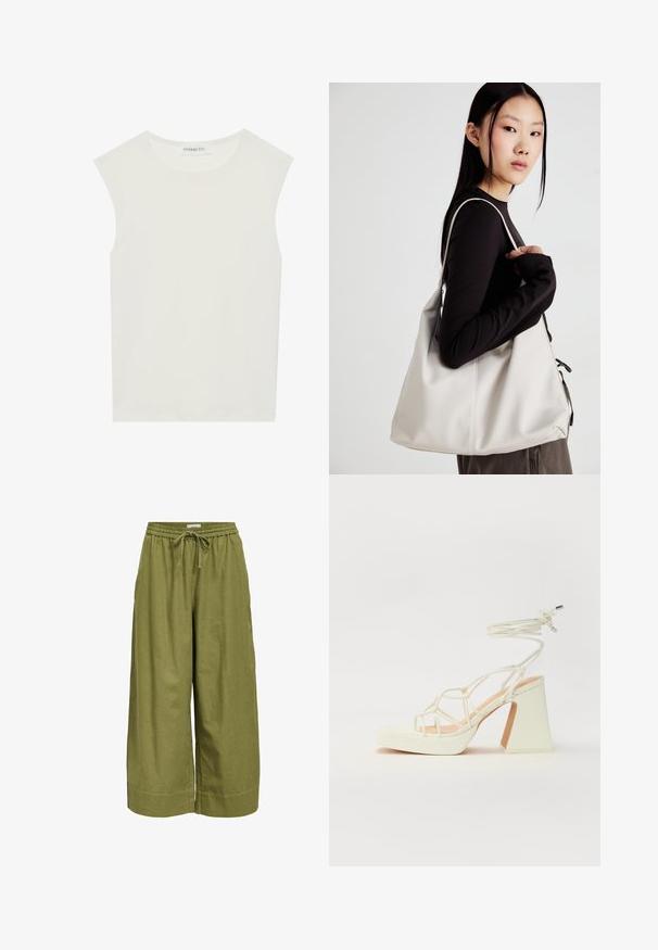 Weißes ärmelloses Top mit rundem Ausschnitt. Hergestellt aus glattem Stoff, hat es einen lässigen Schnitt und minimalistisches Design. Keine Muster oder Akzente.; Grüne weit geschnittene Hose aus leichtem Stoff, mit einem elastischen Bund und Kordelzug sowie einer glatten, untexturierten Oberfläche.; Weiße High-Heel-Sandale mit einem klobigen Absatz, die über ein Riemchendesign und ein Knöchelband verfügt. Glatte Textur mit einer Plattform vorne für zusätzliche Höhe.; Beige Handtasche aus weichem Material, mit einem lässigen Design, gesteppten Details und zwei Schulterriemen. Geeignet für den täglichen Gebrauch.
