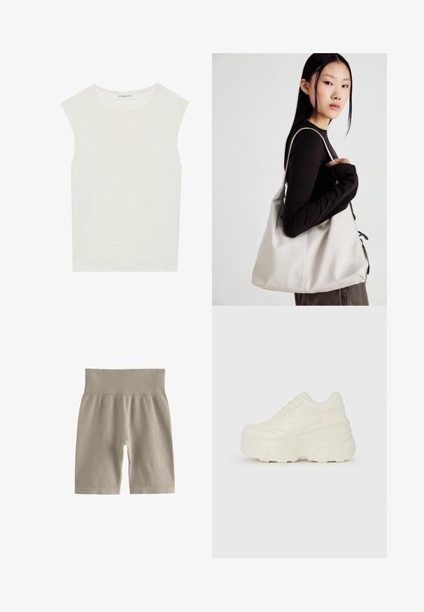 Haut sans manches blanc avec un col rond. Fabriqué en tissu lisse, il présente une coupe décontractée et un design minimaliste. Pas de motifs ni d'accents.; Shorts de cyclisme côtelés beige clair avec une taille haute et une texture douce, présentant un ajustement confortable et une coupe à hauteur des genoux.; Baskets plateformes blanches avec une tige en simili cuir lisse, une forme arrondie, un col rembourré et une semelle en caoutchouc texturé avec des crampons définis.; Sac à main beige en matériau souple, avec un design décontracté, des détails cousus et deux poignées. Idéal pour un usage quotidien.