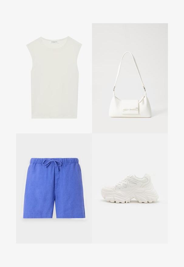 Weißes ärmelloses Top mit rundem Ausschnitt. Hergestellt aus glattem Stoff, hat es einen lässigen Schnitt und minimalistisches Design. Keine Muster oder Akzente.; Blaue Shorts aus leichtem Stoff, mit einem elastischen Bund und einem verstellbaren Kordelzug sowie einer einzigen Vorderasche.; Weiße klobige Sneakers mit strukturiertem Obermaterial, Mesh-Einsätzen und dicken Gummisohlen mit markantem Profil. Inklusive Schnürsenkeln und Zuglasche.; Weiße synthetische Handtasche in dreieckiger Form, flache Vorderklappe und Schleifendetail, verstellbarer Trageriemen, glatte Textur und minimalistisches Design.