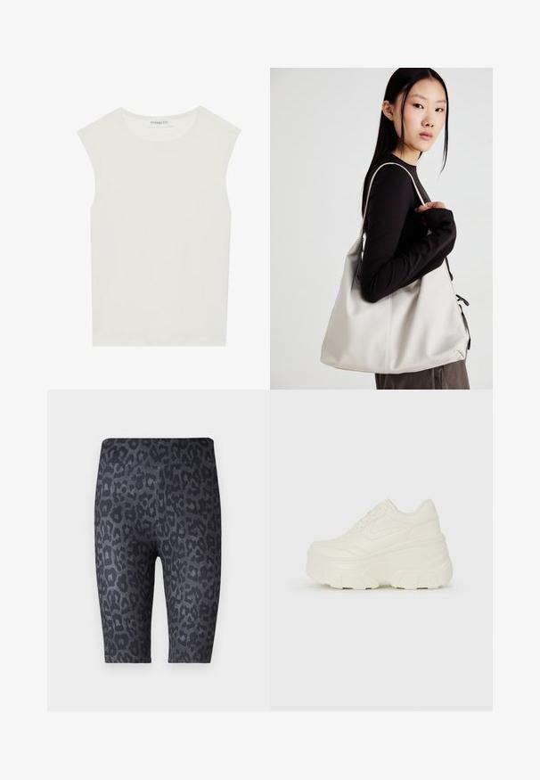 Top branco sem mangas com decote redondo. Feito de um tecido liso, apresenta um corte descontraído e um design minimalista. Sem padrões ou detalhes.; Calças curtas pretas com um padrão de estampa de leopardo em diferentes tons de cinza. Feitas de um tecido macio e elástico com uma textura suave.; Tênis brancos de plataforma com um cabedal suave semelhante a couro, formato arredondado, colarinho acolchoado e sola de borracha texturizada com ranhuras bem definidas.; Uma bolsa bege feita de material macio, com um design descontraído, detalhes de costura e duas alças para o ombro. Adequada para uso diário.