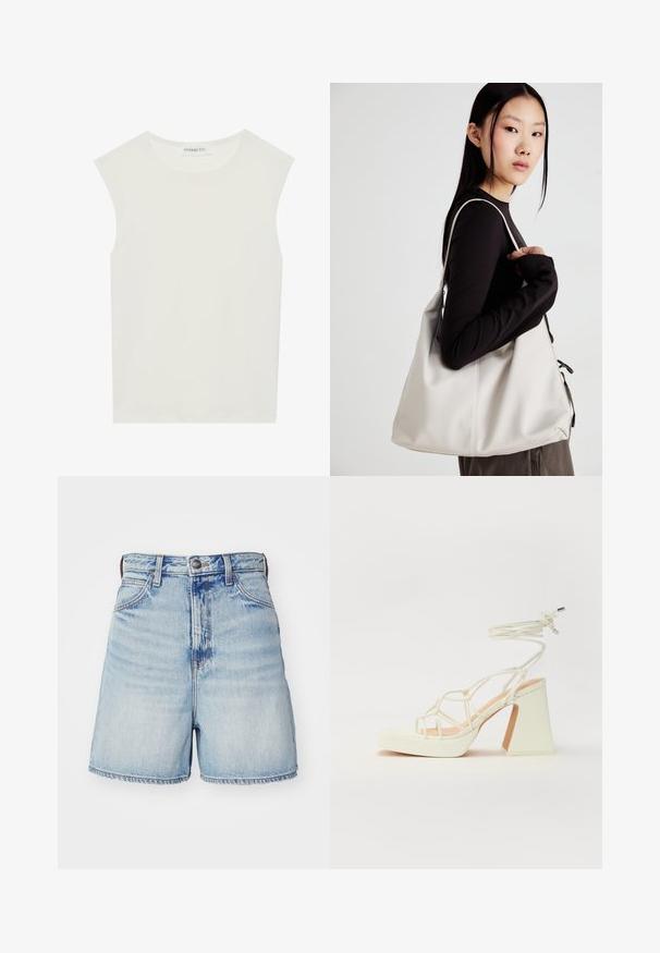 Bijela majica bez rukava s okruglim izrezom. Izrađena je od glatkog materijala, nudi opušteni kroj i minimalistički dizajn. Bez uzoraka ili ukrasa.; Svijetloplave traper kratke hlače s visokim strukom, koje imaju pet džepova, kopčanje na gumb i oštrim rubom. Glatka tekstura s izbljeđenim dijelovima.; Bijela sandala na visokoj potpetici s debelim petom, s remenom i vezanjem oko gležnja. Glatka tekstura s platformom sprijeda za dodatnu visinu.; Bežna torba od mekog materijala s opuštenim dizajnom, šivanim detaljima i dva remena za rame. Pogodna za svakodnevnu upotrebu.