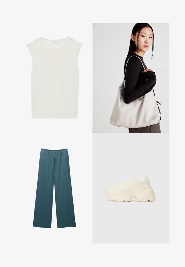 Fehér ujjatlan felső, kerek nyakkivágással. Simább anyagból készült, laza fazonnal és minimalista kialakítással rendelkezik. Nincsenek minták vagy díszítések.; Zöldeskék, bőszárú nadrág texturált kötött anyagból, állítható gumis derékkal és zsinórral.; Tömbös fehér sneakers, amely texturált hálóból és szintetikus anyagokból készült, vastag talppal és bonyolult mintázattal az oldalakon.; Puha anyagból készült bézs kézitáska, laza dizájnnal, varrott részletekkel és két vállpánttal. Mindennapi használatra alkalmas.