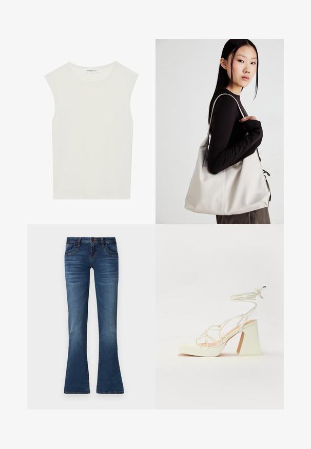 Bela brezrokavnica s okroglim izrezom. Narejena iz gladkega materiala, ima sproščen kroj in minimalističen dizajn. Brez vzorcev ali okrasnih elementov.; Modri jeans iz denima s rahlo razširjenimi hlačnicami, sprednjim zapiranjem na gumb, žepi in subtilnimi zbledelimi detajli na stegnih in kolenih.; Bela sandala na visokih petah s debelim petam, ki ima obliko trakcev in vezanje okoli gležnja. Gladka tekstura z platformo spredaj za dodatno višino.; Bežna torbica iz mehkega materiala, z ohlapno zasnovo, šivi in dvema naramnicama. Primerna za vsakodnevno uporabo.