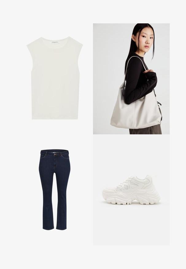 Haut sans manches blanc avec un col rond. Fabriqué en tissu lisse, il présente une coupe décontractée et un design minimaliste. Pas de motifs ni d'accents.; Jean en denim bleu avec une coupe droite, comportant cinq poches, des coutures contrastées et une fermeture à bouton en métal à la taille.; Baskets blanches épaisses avec un dessus texturé, des panneaux en mesh et des semelles en caoutchouc épaisses avec un motif de semelle prominent. Lacets et tirette inclus.; Sac à main beige en matériau souple, avec un design décontracté, des détails cousus et deux poignées. Idéal pour un usage quotidien.