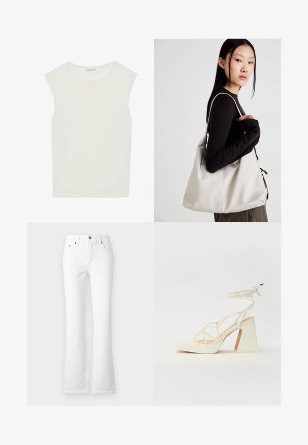 White sleeveless top with a round neckline. Made of smooth fabric, it features a relaxed fit and minimalist design. No patterns or accents.; White denim flared jeans featuring a high waist, five pockets, and a button closure. The fabric has a smooth texture with visible stitching.; White high-heeled sandal with a chunky heel, featuring a strappy design and ankle tie. Smooth texture with a platform front for added height.; Beige handbag made of soft material, featuring a slouchy design, stitched detailing, and two shoulder straps. Suitable for everyday use.