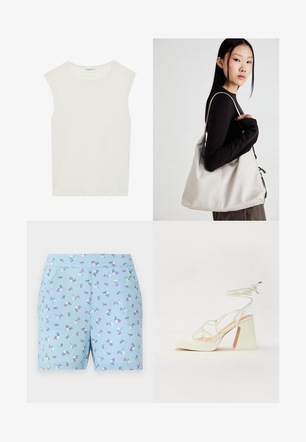 Balta be rankovių palaidinė su apvaliu kaklu. Pagaminta iš lygios medžiagos, ji turi laisvą siluetą ir minimalistinį dizainą. Be raštų ar akcentų.; Mėlynos šortai, pagaminti iš minkštos medžiagos, su gėlių raštu, kuriame yra baltų ir violetinių gėlių, ir šoninės kišenės. Sukurti patogumui ir stiliui.; Balti aukštakulniai sandalai su masyviu kulnu, su dirželių dizainu ir kulkšnies raiščiu. Lygi tekstūra su platforma priekyje, suteikianti papildomą aukštį.; Bežinė rankinė, pagaminta iš minkštos medžiagos, turinti laisvą dizainą, siuvinėtas detalės ir dvi petnešos. Tinkama kasdieniam naudojimui.