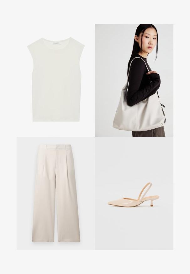 Balts bez piedurknēm tops ar apaļu kakla izgriezumu. Izgatavots no gludas auduma, tam ir brīvs piegriezums un minimālistisks dizains. Nav nekādas rakstainības vai akcentu.; ONLY ONLLANDO PLEAT CULOTTE PANT - Auduma bikses - pumice stone; Bežīgas lakotas ādas slingback papēži ar smailu purngalu un šauru, kvadrātveida papēdi. Gluda tekstūra un minimālistisks dizains bez dekorēšanas elementiem.; Bežs rokassoma, izgatavota no mīksta materiāla, ar brīvu dizainu, izšūtu apdari un divām plecu siksnām. Piemērota ikdienas lietošanai.