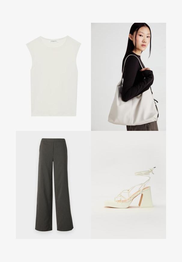 Top alb fără mâneci, cu decolteu rotund. Fabricat dintr-un material neted, prezintă o croială lejeră și un design minimalist. Fără modele sau accente.; Pantaloni cu picioare largi în gri închis, cu dungi verticale, având o textură netedă și un tiv elastic pentru confort.; Sandale albe cu toc înalt și gros, cu un design cu curele și legătură la gleznă. Textură netedă, cu o platformă frontală pentru înălțime suplimentară.; Geantă bej din material moale, cu un design lejer, detalii cusute și două bretele pentru umăr. Potrivită pentru utilizarea zilnică.