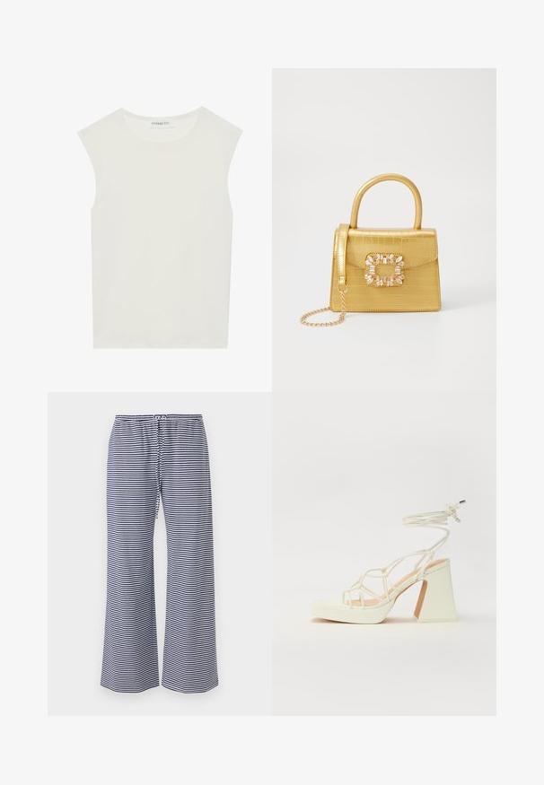 Balts bez piedurknēm tops ar apaļu kakla izgriezumu. Izgatavots no gludas auduma, tam ir brīvs piegriezums un minimālistisks dizains. Nav nekādas rakstainības vai akcentu.; Hollister Co. MAY BAGGY PULL ON - Treniņtērpa apakšdaļas - dark blue/white; Baltas augstpapēžu sandales ar masīvu papēdi, ar siksnu dizainu un potītes saistītiem elementiem. Gluda tekstūra ar platformu priekšpusē, lai nodrošinātu papildu augstumu.; Dzeltena mākslīgā krokodila roku soma ar strukturētu dizainu, augšējo rokturi, noņemamu ķēdes siksniņu un dekoratīvām kristāla rotājumiem aizdares daļā.