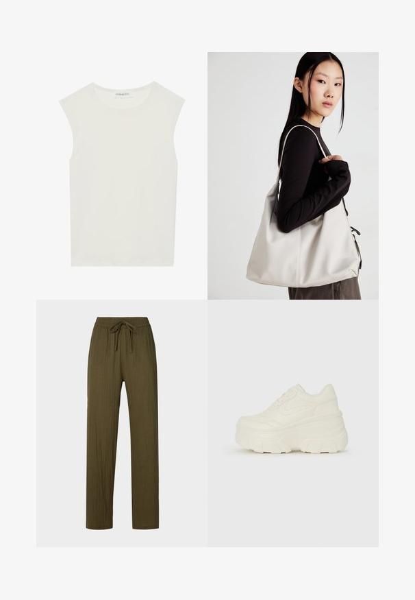 Weißes ärmelloses Top mit rundem Ausschnitt. Hergestellt aus glattem Stoff, hat es einen lässigen Schnitt und minimalistisches Design. Keine Muster oder Akzente.; Olivgrüne, gefaltete, leichte Hose mit Kordelzugbund und geradem Bein. Das Material hat eine weiche, strukturelle Oberfläche.; Weiße Platform Sneakers mit einem glatten, lederähnlichen Obermaterial, abgerundeter Form, gepolstertem Kragen und strukturierten Gummisohlen mit ausgeprägten Stollen.; Beige Handtasche aus weichem Material, mit einem lässigen Design, gesteppten Details und zwei Schulterriemen. Geeignet für den täglichen Gebrauch.