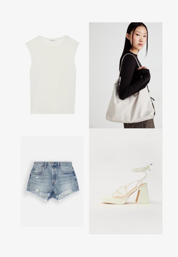 Top blanco sin mangas con escote redondo. Hecho de una tela suave, presenta un corte relajado y un diseño minimalista. Sin patrones ni acentos.; Shorts de mezclilla en azul claro con un acabado desgastado. Presentan dobladillos desflecados y dos bolsillos frontales. Cierre de botón en la cintura.; Sandalia de tacón alto blanca con un tacón grueso, que presenta un diseño de tiras y un lazo en el tobillo. Textura suave con una plataforma en la parte delantera para mayor altura.; Bolso de mano beige hecho de material suave, con un diseño holgado, detalles cosidos y dos asas. Adecuado para uso diario.