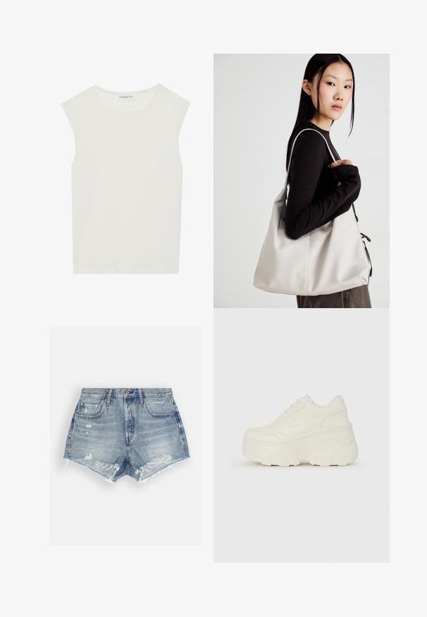 Valkoinen hihaton paita, jossa on pyöreä kaula-aukko. Valmistettu sileästä kankaasta, siinä on rento istuvuus ja minimalistinen muotoilu. Ei kuvioita tai koristeita.; Denim shorts vaaleansinisessä sävyssä, jossa on kulutettu pinta. Ominaisuuksiin kuuluu risareunat ja kaksi etutaskua. Napin sulkeminen vyötäröllä.; Valkoiset tasapohjakengät, joissa on sileä nahkamainen päällinen, pyöristetty muoto, pehmustettu nilkkaosa ja texturoitu kumipohja, jossa on hyvin määritellyt urat.; Beige laukku, joka on valmistettu pehmeästä materiaalista, ja siinä on rento muotoilu, ommeltu yksityiskohtia ja kaksi olkahihnaa. Sopii päivittäiseen käyttöön.