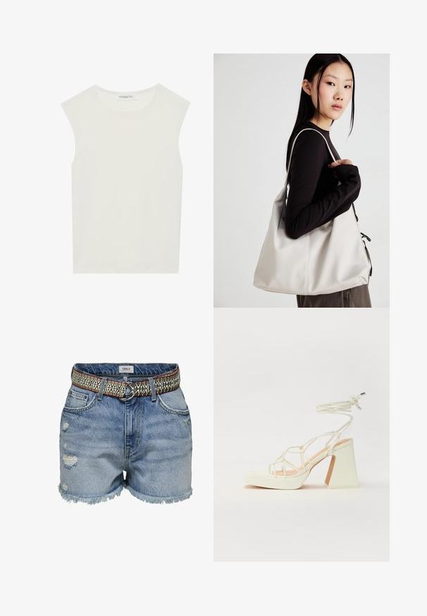 Balta be rankovių palaidinė su apvaliu kaklu. Pagaminta iš lygios medžiagos, ji turi laisvą siluetą ir minimalistinį dizainą. Be raštų ar akcentų.; ONLY Džinsiniai šortai - medium blue denim; Balti aukštakulniai sandalai su masyviu kulnu, su dirželių dizainu ir kulkšnies raiščiu. Lygi tekstūra su platforma priekyje, suteikianti papildomą aukštį.; Bežinė rankinė, pagaminta iš minkštos medžiagos, turinti laisvą dizainą, siuvinėtas detalės ir dvi petnešos. Tinkama kasdieniam naudojimui.