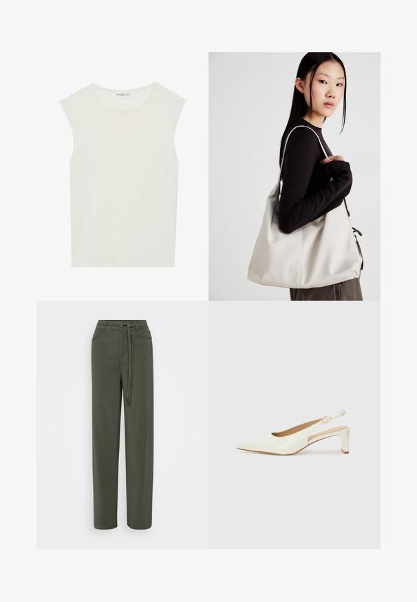 White sleeveless top with a round neckline. Made of smooth fabric, it features a relaxed fit and minimalist design. No patterns or accents.; Green, wide-leg pants made of lightweight fabric with a belted waist, front pockets, and a smooth texture.; White patent leather slingback shoe with a pointed toe and a low block heel. Features a subtle strap with a gold-tone buckle detail.; Beige handbag made of soft material, featuring a slouchy design, stitched detailing, and two shoulder straps. Suitable for everyday use.