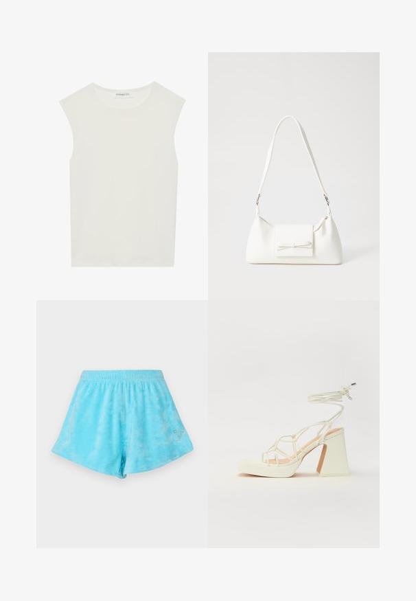 Top bianco senza maniche con scollatura rotonda. Realizzato in tessuto liscio, presenta una vestibilità rilassata e un design minimalista. Nessun motivo o accentuazione.; Pantaloni corti azzurro chiaro tie-dye con cintura elastica e un numero sette in strass argentati sul lato inferiore. Tessuto di cotone morbido.; Sandalo bianco con tacco alto, caratterizzato da un design a cinturini e un legaccio alla caviglia. Texture liscia con una piattaforma frontale per un'altezza aggiuntiva.; Borsa sintetica bianca a forma triangolare, con patta anteriore piatta e dettaglio a fiocco, tracolla regolabile, texture liscia e design minimalista.