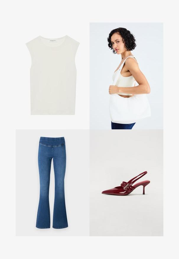 Hvit ermeløs topp med rund hals. Laget av glatt stoff, har den en avslappet passform og minimalistisk design. Ingen mønstre eller detaljer.; Svingende jeans i middels blå denim, med en stretchy midje, glatt tekstur og en lett falming mot bunnsømmen.; Røde patentleder slingback hæle med spids tå, to spænde stropper og en slank, mellemhøj stiletto hæl. Glat tekstur.; Hvit skulderveske laget av glatt materiale, med oval utskjæring og bred stroppdesign. Enkel og moderne uten synlig maskinvare.
