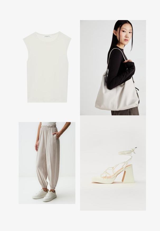 Biała bezrękawnik z okrągłym dekoltem. Wykonana z gładkiego materiału, ma luźny krój i minimalistyczny design. Bez wzorów ani akcentów.; Jasno beżowe, luźno dopasowane spodnie z marszczonym pasem i elastycznymi mankietami, z bocznymi kieszeniami i gładką teksturą, w połączeniu z białymi sneakersami.; Biała sandał na wysokim obcasie z masywnym słupkiem, z paskowym wzorem i wiązaniem przy kostce. Gładka faktura z platformą z przodu dla dodatkowej wysokości.; Beżowa torebka wykonana z miękkiego materiału, charakteryzująca się luźnym fasonem, wyszywanymi detalami i dwoma uchwytami na ramię. Idealna na co dzień.