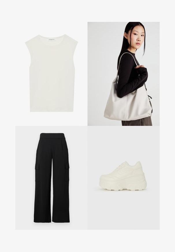 Bílý bezrukávový top s kulatým výstřihem. Vyroben z hladkého materiálu, má volný střih a minimalistický design. Bez vzorů nebo akcentů.; Černé cargo kalhoty s širokými nohavicemi, vyrobené z hladké, elastické látky. Mají dvě boční kapsy s klopami a vysoký pas.; Bílé platformové tenisky s hladkým svrškem podobným kůži, zaobleným tvarem, polstrovaným límcem a texturovanou gumovou podrážkou s vyznačenými vzory.; Beige kabelka vyrobená z měkkého materiálu, s volným designem, prošívanými detaily a dvěma ramenními popruhy. Vhodná pro každodenní použití.