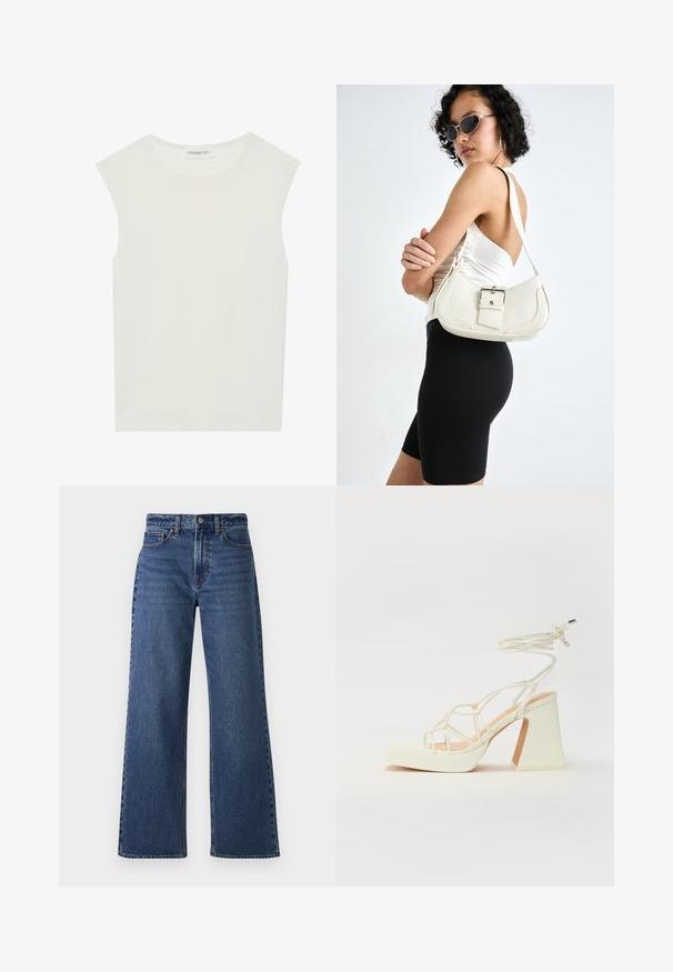 Bílý bezrukávový top s kulatým výstřihem. Vyroben z hladkého materiálu, má volný střih a minimalistický design. Bez vzorů nebo akcentů.; Modré denimové kalhoty s širokými nohavicemi a vysokým pasem, s knoflíkovým zapínáním, poutky na opasek a klasickým designem se dvěma předními a dvěma zadními kapsami.; Bílé sandály na vysokém podpatku s robustním podpatkem, s designem s pásky a zavazováním kolem kotníku. Hladký povrch s platformou vpředu pro zvýšení výšky.; Bílá kožená kabelka s křivkovým tvarem, nastavitelným popruhem a malým detailem přezky. Model nosí těsné černé oblečení.