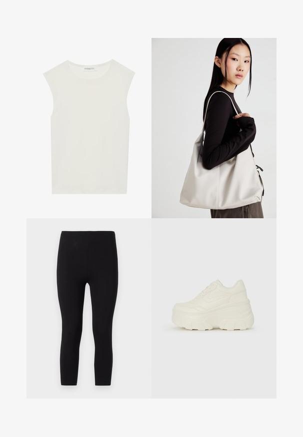 Valge ilma varrukateta topp ümmarguse kaelusega. Valmistatud siledast kangast, sellel on mugav lõige ja minimalistlik disain. Ei ole mustreid ega aksessuaare.; Musted mustad, mis on valmistatud venivast kangast. Omaduseks on õmblusteta vöökoht ja istuv, pahkluuni ulatuv disain sujuva tekstuuriga.; Valged platvormi tõusukingad, millel on siledast nahast meenutav pealis, ümar kuju, pehmendatud kaelus ja tekstureeritud kummitald koos selgete hüdrofoobsete mustritega.; Bež käekott pehme materjali, millel on lõtv disain, õmblustega detailid ja kaks õlarihma. Sobib igapäevaseks kasutamiseks.