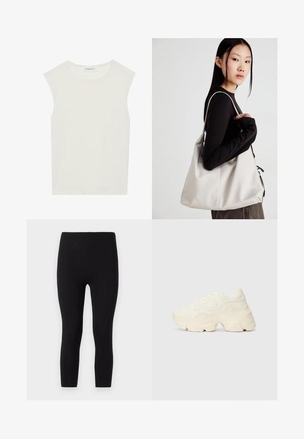 Balts bez piedurknēm tops ar apaļu kakla izgriezumu. Izgatavots no gludas auduma, tam ir brīvs piegriezums un minimālistisks dizains. Nav nekādas rakstainības vai akcentu.; Melnas leggingas, izgatavotas no elastīga auduma. Tām ir bezšuvju josta un pieguļošs, līdz potītēm garš dizains ar gludu tekstūru.; Masīvi balti sportisti, kas izgatavoti no strukturēta sieta un sintētiskajiem materiāliem, ar biezu zoli un sarežģītām rakstu detaļām gar sāniem.; Bežs rokassoma, izgatavota no mīksta materiāla, ar brīvu dizainu, izšūtu apdari un divām plecu siksnām. Piemērota ikdienas lietošanai.
