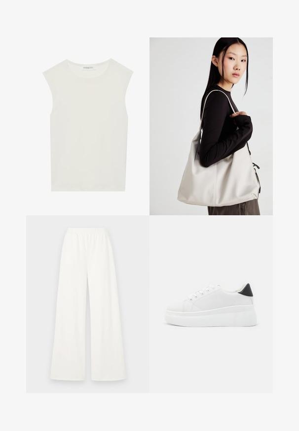 Vit ärmlös topp med rund halsringning. Tillverkad av ett mjukt tyg, har den en avslappnad passform och minimalistisk design. Inga mönster eller detaljer.; Breda byxor i ett lätt, mjukt vitt tyg. Har en elastisk midja för komfort och en slät textur utan synliga mönster.; Vita plattformssneakers gjorda av slät syntetiskt material, med rund tå, snörningsdesign och en texturerad gummisula. Svart hälaccent.; Beige handväska tillverkad av mjukt material, med en avslappnad design, sydda detaljer och två axelremmar. Lämplig för dagligt bruk.