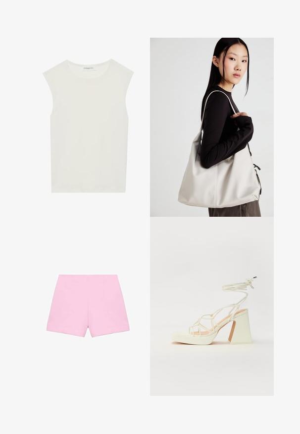 Top bianco senza maniche con scollatura rotonda. Realizzato in tessuto liscio, presenta una vestibilità rilassata e un design minimalista. Nessun motivo o accentuazione.; Pantaloni corti rosa su misura con una textura liscia, caratterizzati da un design strutturato e linee pulite. Il taglio è dritto e sopra il ginocchio.; Sandalo bianco con tacco alto, caratterizzato da un design a cinturini e un legaccio alla caviglia. Texture liscia con una piattaforma frontale per un'altezza aggiuntiva.; Borsa a mano beige realizzata in materiale morbido, caratterizzata da un design morbido, dettagli cuciti e due manici. Adatta per l'uso quotidiano.