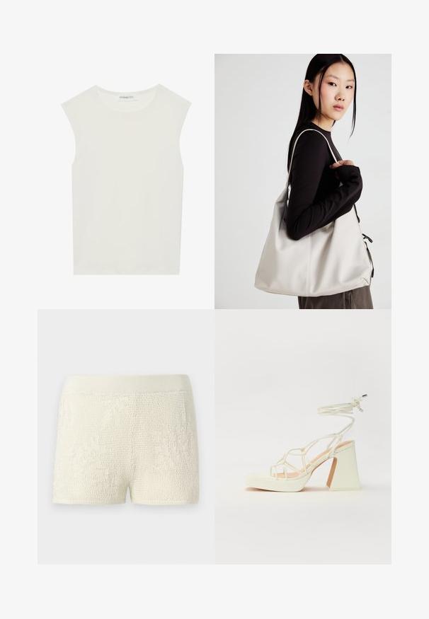 Vit ärmlös topp med rund halsringning. Tillverkad av ett mjukt tyg, har den en avslappnad passform och minimalistisk design. Inga mönster eller detaljer.; Stickade shorts i off-white med ett strukturerat mönster. Har en bred elastisk midjeband och en figurnära design.; Vit högklackad sandal med en kraftig klack, med ett remdesign och ankelband. Slät textur med en plattform framtill för ökad höjd.; Beige handväska tillverkad av mjukt material, med en avslappnad design, sydda detaljer och två axelremmar. Lämplig för dagligt bruk.