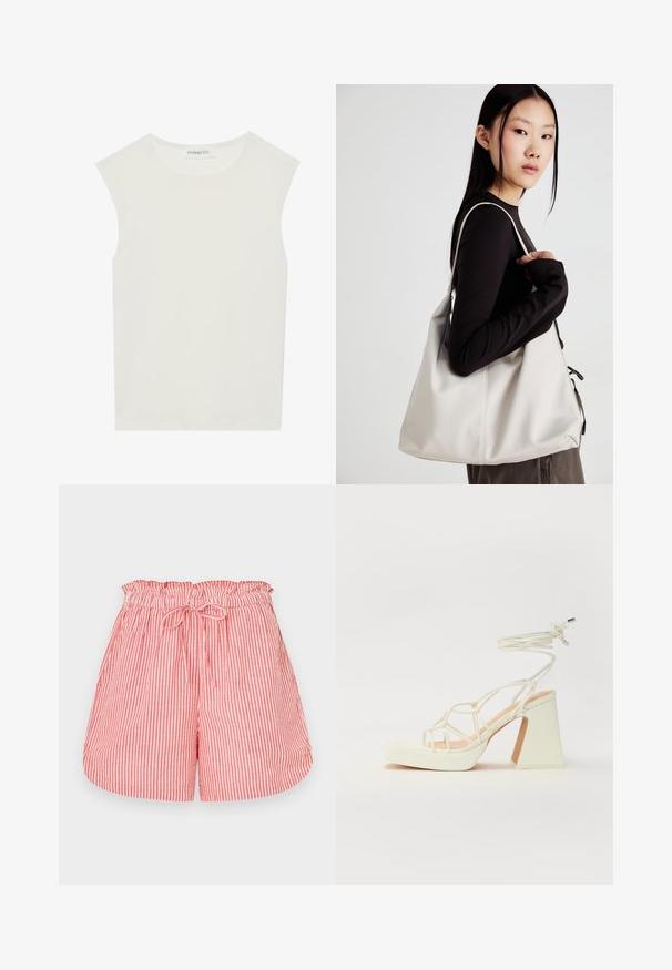 Biely bezrukávový top s okrúhlym výstrihom. Vyrobený z hladkého materiálu, má uvoľnený strih a minimalistický dizajn. Žiadne vzory alebo akcenty.; Červené a biele pruhované šortky s elastickým pásom a šnúrkou na stiahnutie. Majú voľný strih a hladkú textúru.; Biele sandále na vysokom opätku s hrubým podpätkom, s pruhovaným dizajnom a viazaním na členku. Hladký povrch s platformou vpredu pre zvýšenú výšku.; Béžová kabelka vyrobená z mäkkého materiálu, s uvoľneným dizajnom, prišitými detailmi a dvoma popruhmi na nosenie na pleciach. Vhodná na každodenné nosenie.